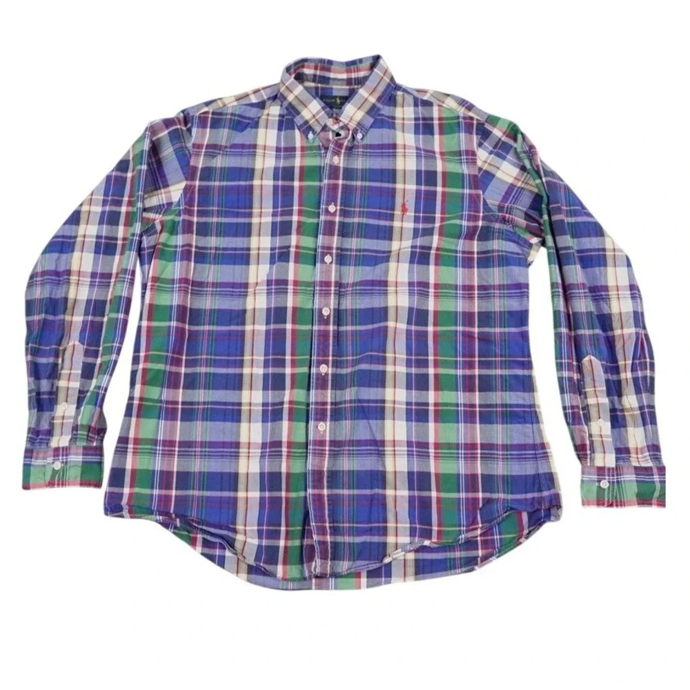 Ralph Lauren Plaid Button Down Shirt Mens XL Blue‎ Custom Fit Preppy Red Pony